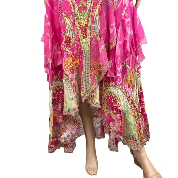 CAMILLA Silk Crystal Embellish Rufle Assym Wrap Dress Rainbow Rhythm Luxury Rare - Picture 6 of 16